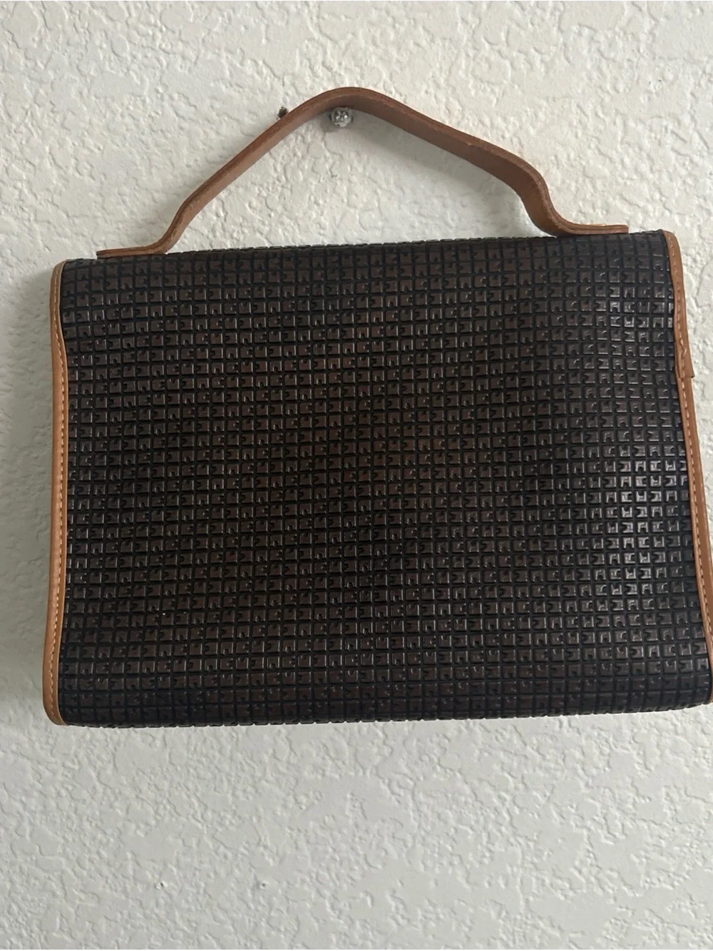 Black Woven Satchel with Tan Trim and Top Handle